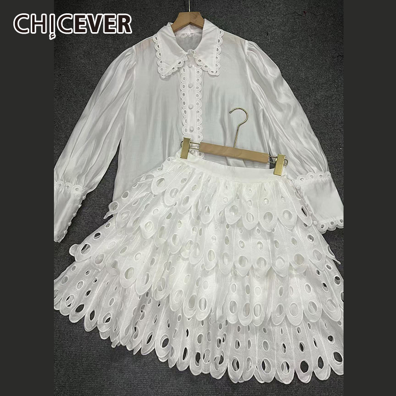 Winter Clothing Line - Chicever-女性用透かし彫りスカートスーツ,長袖ラペルシャツ,ハイウエスト,ラインスカート,エレガントな衣装,婦人服,モノクロ