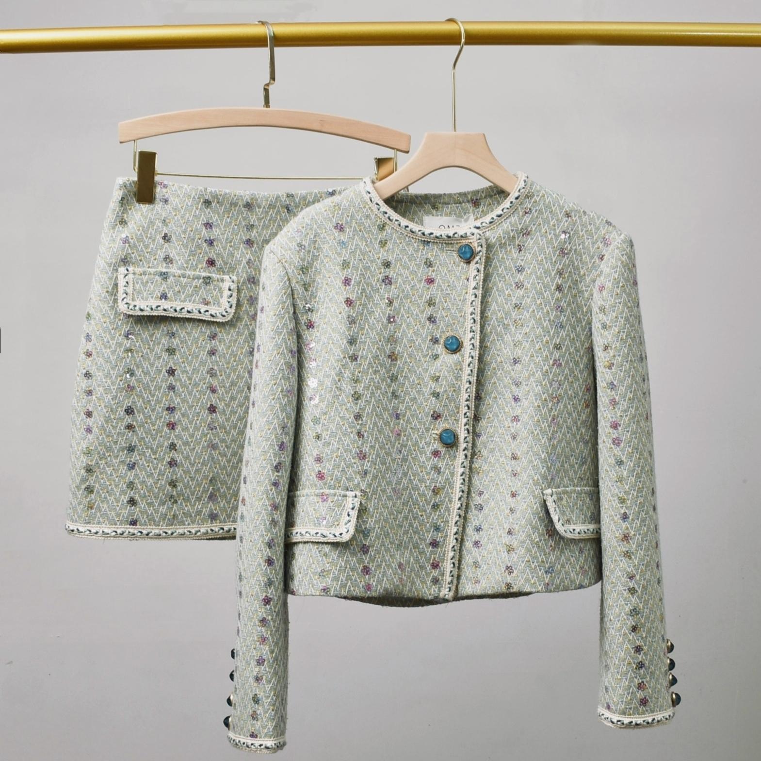 Winter Clothing Line - 女性のエレガントなツイード高級スーツジャケットコートトップとスカートツーピースセットマッチング衣装冬ジャカード香りパーティー服