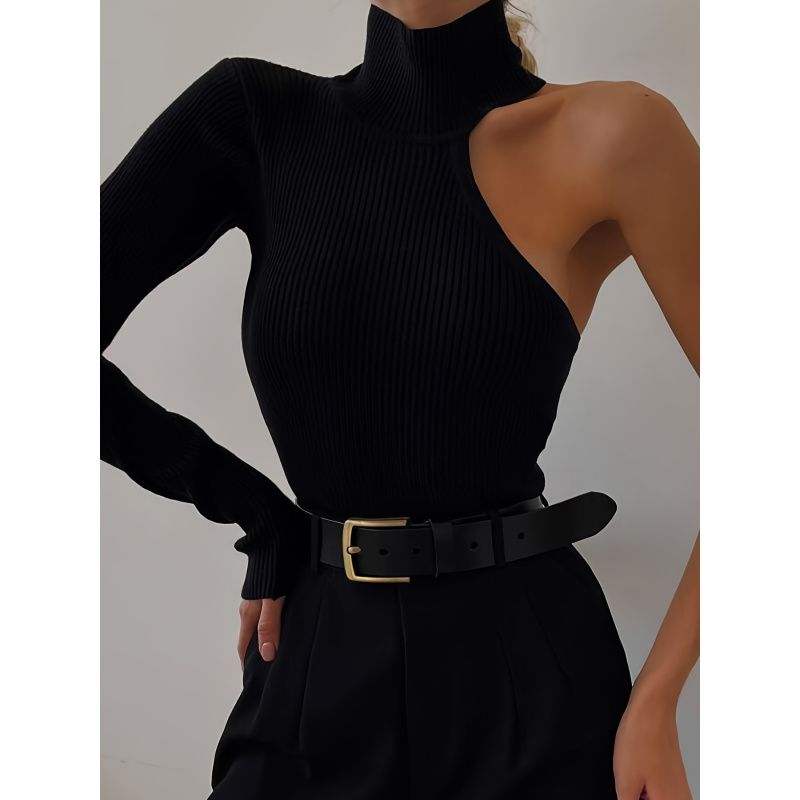 Winter Clothing Women'S - ソリッドアシンメトリーワンショルダーリブニット長袖ボディスーツ、セクシーな秋冬ワンピースボディスーツ、レディース服