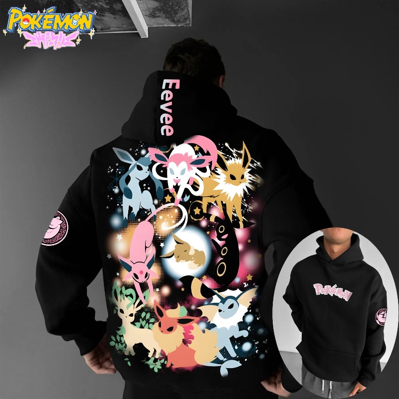 Winter Clothing In Japan - 2025年ポケモンクラシックキャラクターイーブイファミリー柄プリントメンズ＆レディース秋冬厚手ワイドY2Kハロウィンコスプレワイドフーディー