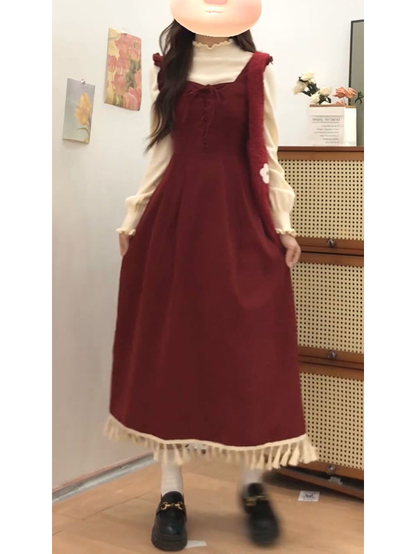 Winter Clothing Layers - エレガントな赤いタッセルベストドレスツーピースセット重ね着ベースシャツカレッジスタイルファッション婦人服冬シーズン