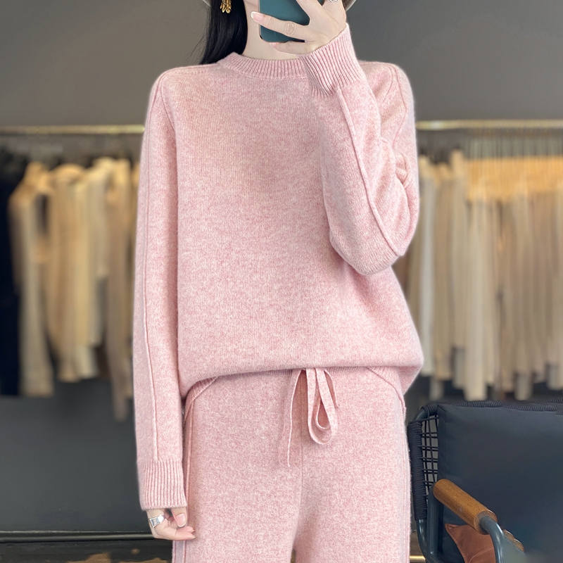 Winter Clothing Line - 2ピースセット レディースウェア 100%メリノウール 秋冬ニットセット Oネックセーター ストレートレッグロングワイドレッグパンツ