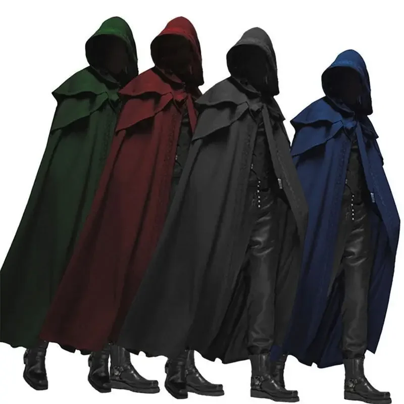 Winter Clothing Essentials - 男性モンクコスプレ衣装 中世ヴィンテージゴシック フード付きルーズブラックロングケープポンチョ トレンチウィンターマントコート ハロウィン
