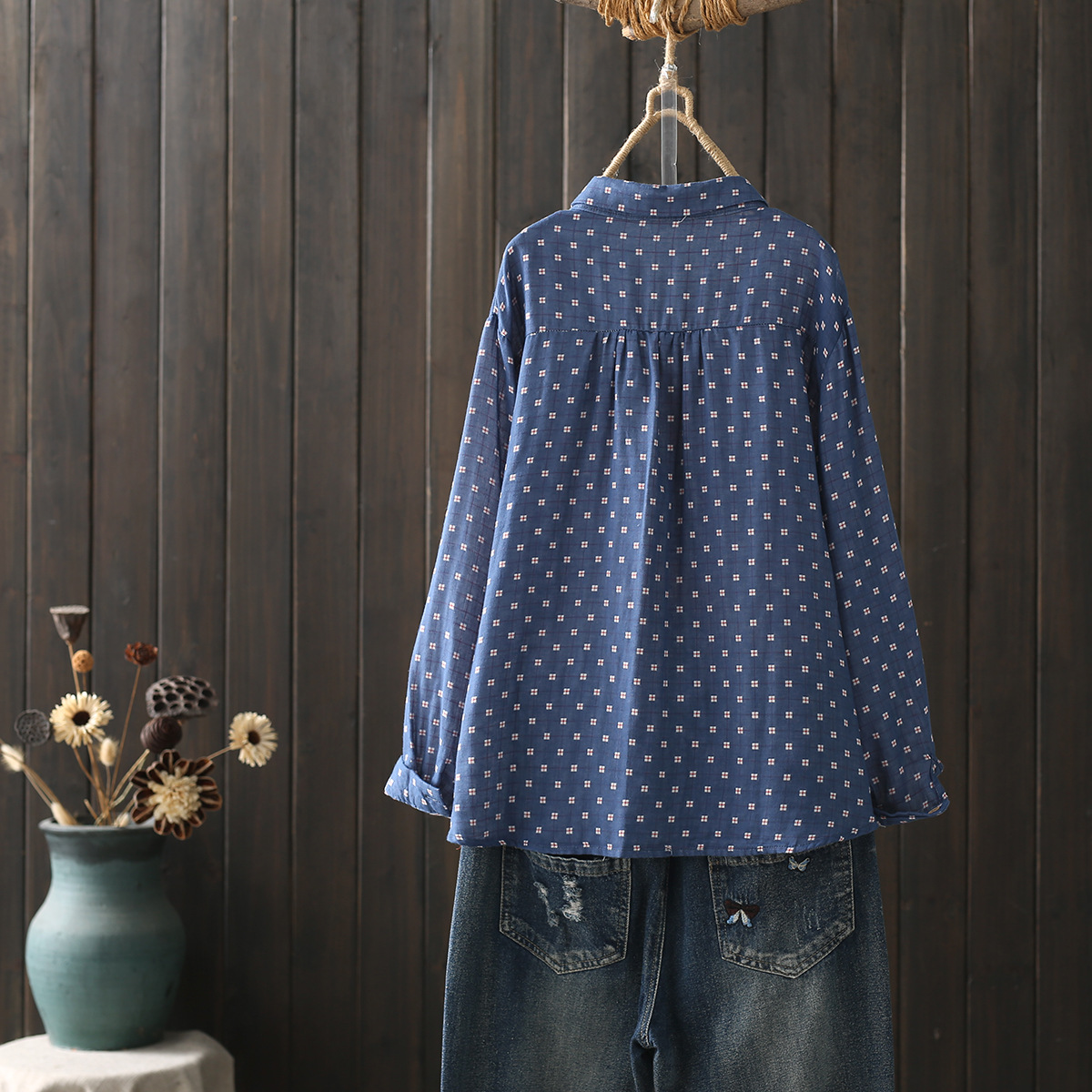 女性用2層コットン糸ホワイトシャツ、ドットプリントトップ、長 - Winter Clothing Layers のレビューと価格