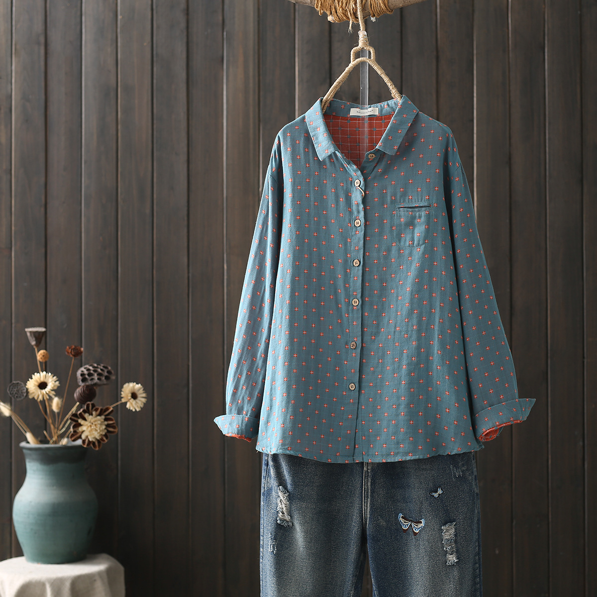 女性用2層コットン糸ホワイトシャツ、ドットプリントトップ、長 - Winter Clothing Layers のレビューと価格