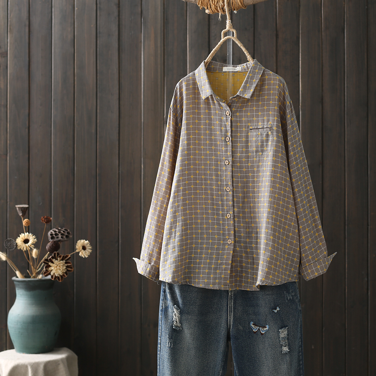 女性用2層コットン糸ホワイトシャツ、ドットプリントトップ、長 - Winter Clothing Layers のレビューと価格