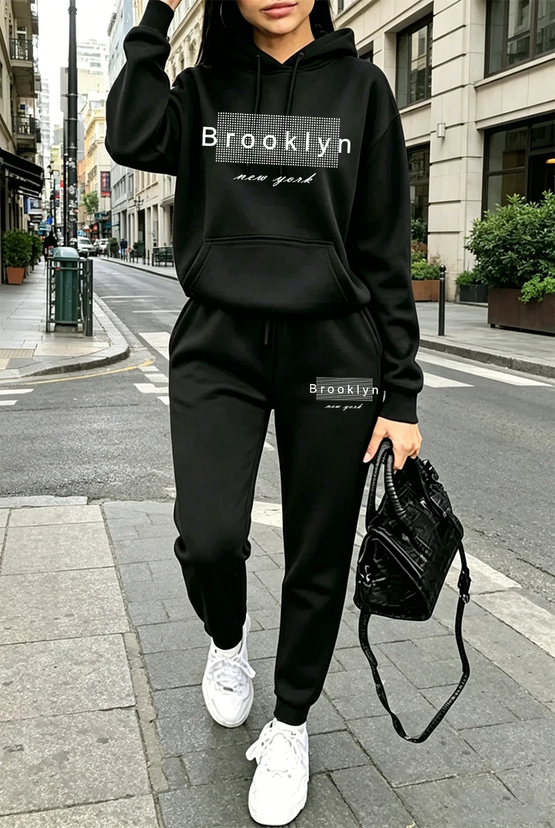 レディーストラックスーツプリントカジュアルフーディスウェット - Winter Clothing Women'S のレビューと価格