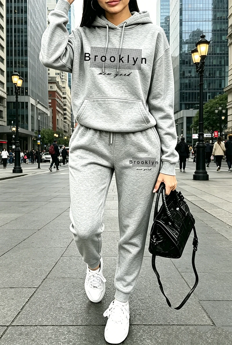 レディーストラックスーツプリントカジュアルフーディスウェット - Winter Clothing Women'S のレビューと価格