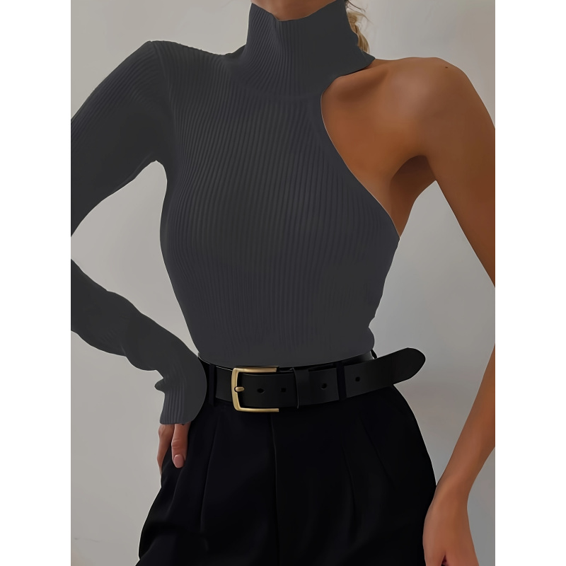 ソリッドアシンメトリーワンショルダーリブニット長袖ボディスー - Winter Clothing Women'S のレビューと価格