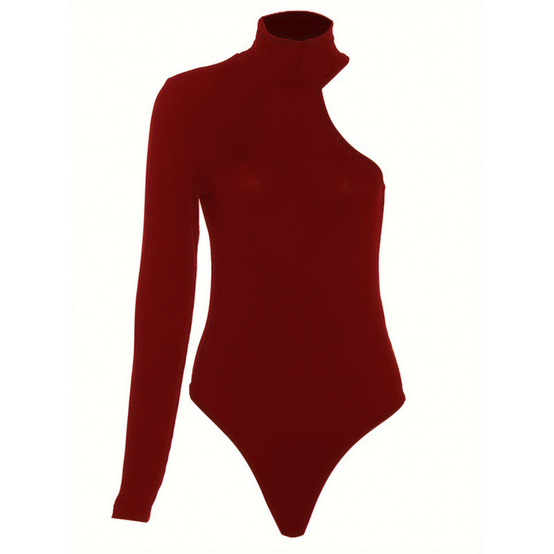 ソリッドアシンメトリーワンショルダーリブニット長袖ボディスー - Winter Clothing Women'S のレビューと価格