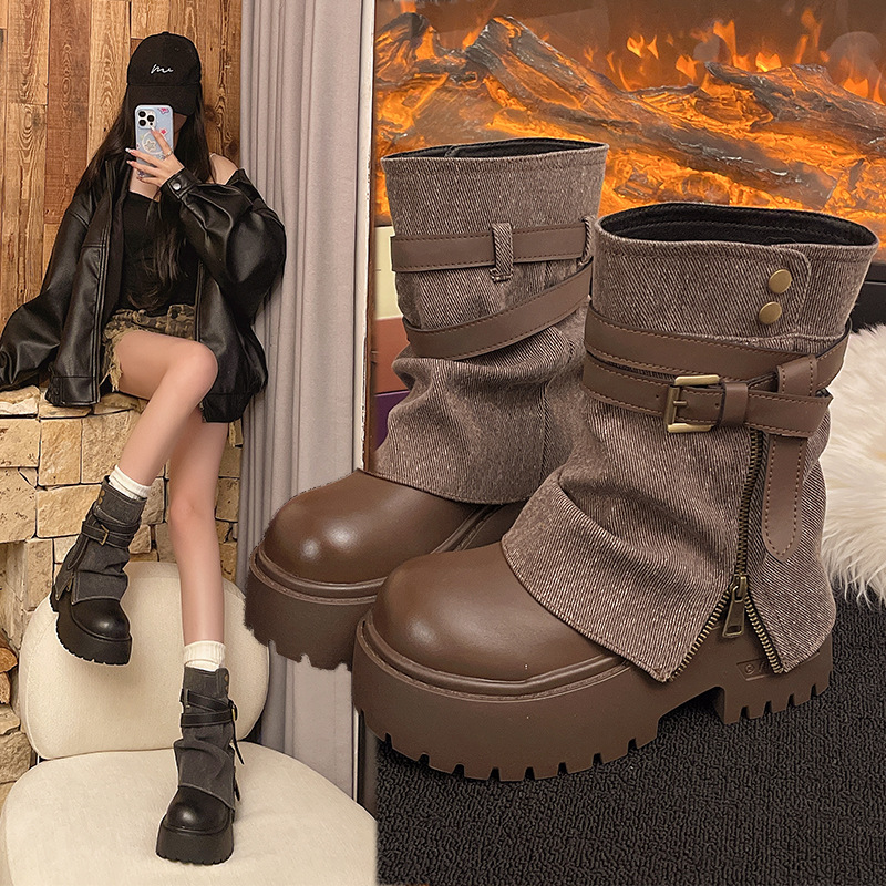 女性のためのアンクルブーツカウボーイフラットプラットフォーム - Winter Clothing Women'S のレビューと価格