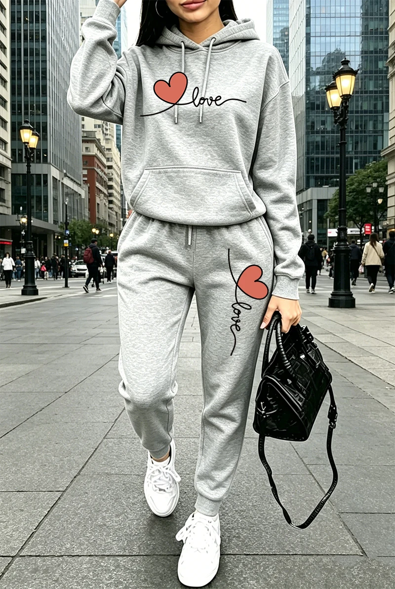 レディーストラックスーツプリントカジュアル長袖フーディスウェ - Winter Clothing Women'S のレビューと価格