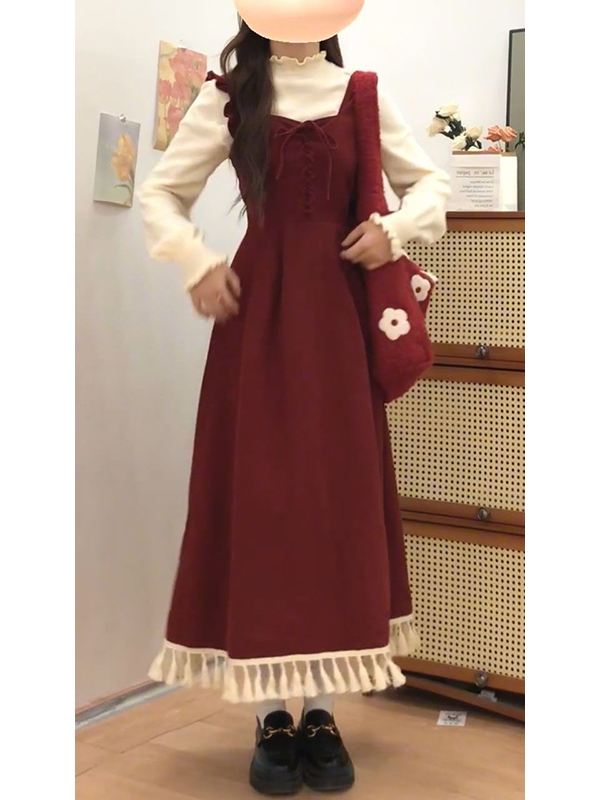 エレガントな赤いタッセルベストドレスツーピースセット重ね着ベ - Winter Clothing Layers のレビューと価格